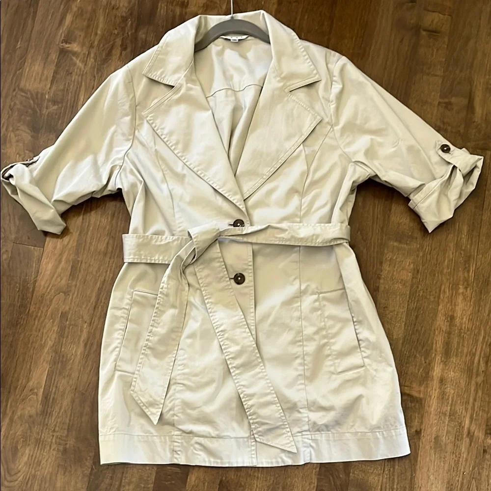 CAbi Tan Trench Coat with Rolled Sleeves and Belted Waist